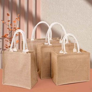 Personalized Reusable Jute Shopping Tote Bags - Custom Eco Grocery Carriers