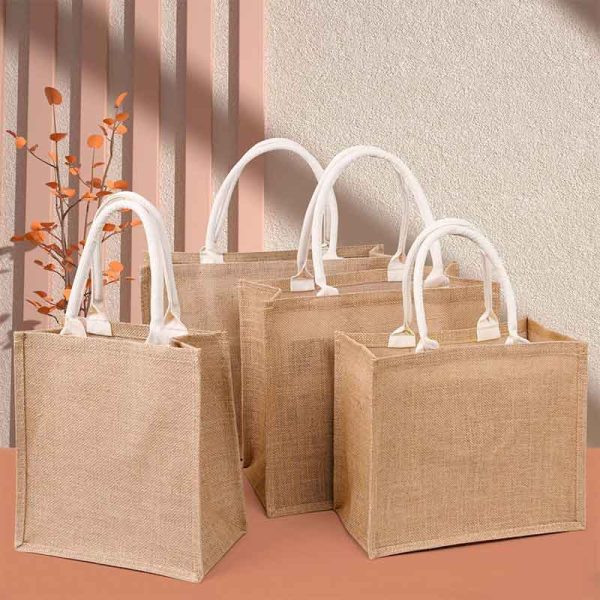 Personalized Reusable Jute Shopping Tote Bags - Custom Eco Grocery Carriers